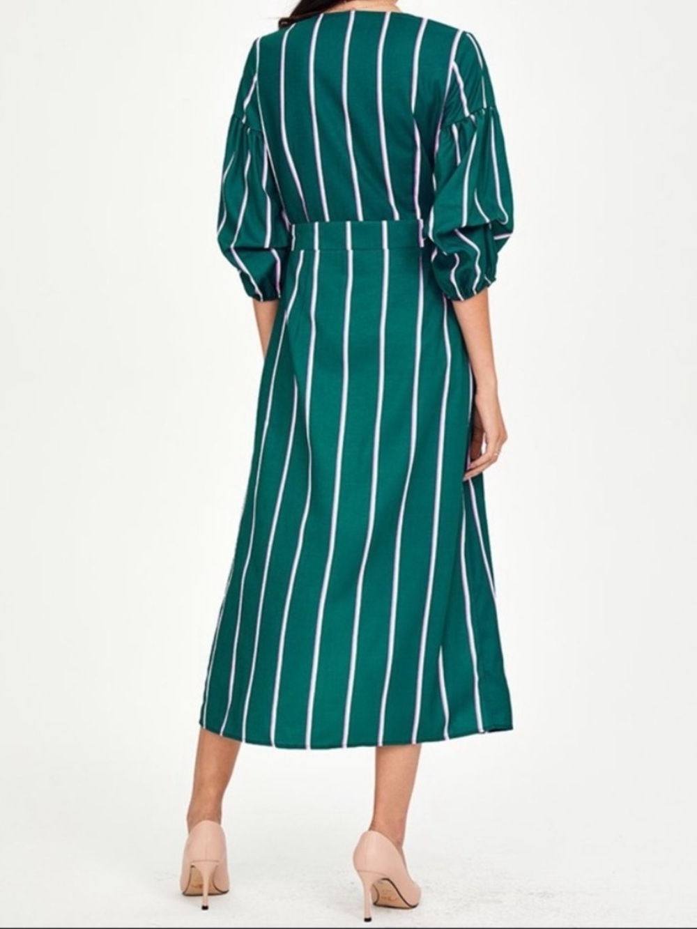 NWT Cupshe Pinstriped Puff-Sleeve Midi Dress in Green & Pink Women’s Size Large - Picture 2 of 13